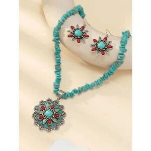 Silver Turquoise Coral Flower Necklace & Earring Set